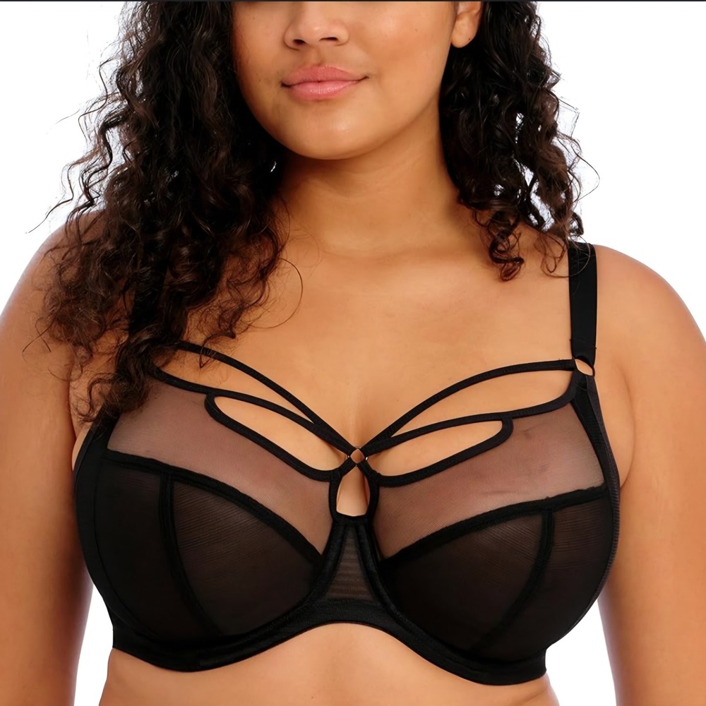 Elomi Bra Womens 38L Black Sachi EL4350BLK Underwire Strappy Cage Plunge Mesh